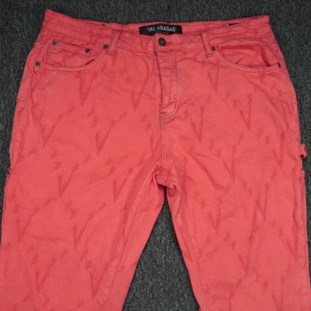 Valabasas Jeans Mens 38x36 Red‎ Pink Raw Frayed Hem Carpenter Wide Leg - Picture 2 of 14